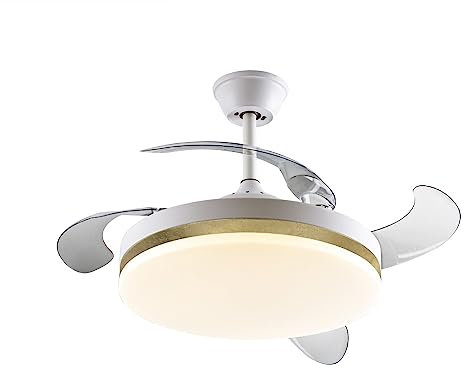 Schuller Ventilador de Techo con luz LED CCT DIMMABLE en Metal Acabado Blanco Mate y aro en Pan DE Oro. Difusor Opal y aspas escamoteables Transparentes