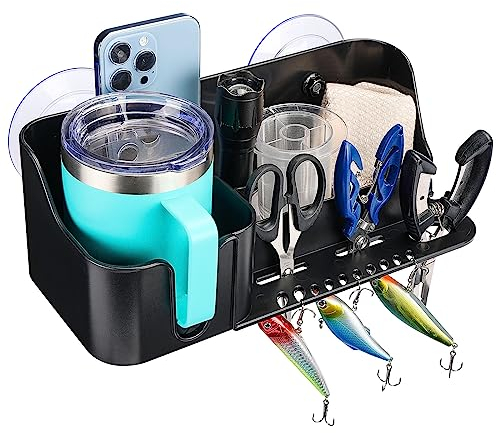 KEMIMOTO Boat Caddy Organizer, Boat Cup Holder Installed with Screws/Suction Cups On Any Flat Surface, Boat Storage Organizer, Cockpit Storage Box for Bass Boat Kayak Pontoon Jon Boat