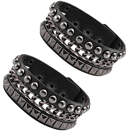 JJDreams 2 Stück Punk Breite Lederarmband Unisex Schwarze Nieten Armband Gothic Rocker Armband Set