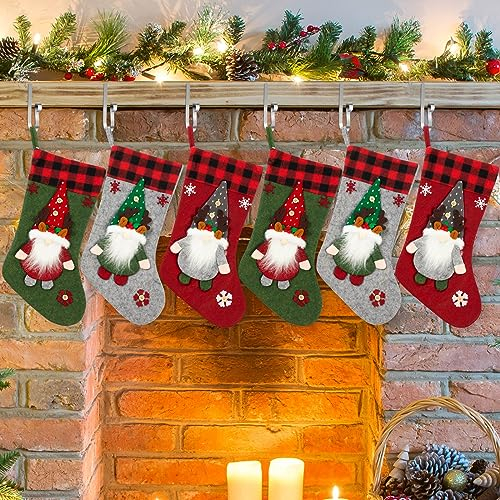Foaincore 6 Stück Weihnachtsstrumpf 45,7 cm mit 6 Stück Zinklegierung Weihnachtsstrumpfhalter Kamin Verstellbare Halterungen für Familie Urlaub Kaminzubehör (Gnom-Stil)