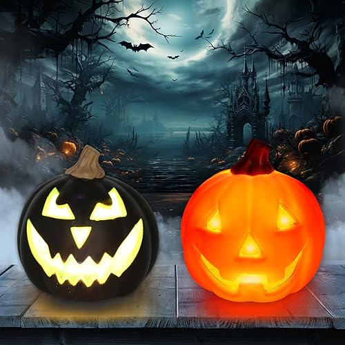 Kazaigou 2 Stück Halloween Kürbis LED Deko Outdoor, Beleuchteter Plastik Kürbis Laterne Mit 3D Aufkleber