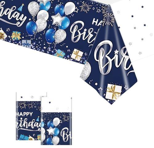 2PCS Geburtstag Tischdecke Blau,Happy Birthday Tischdecken Blau Einweg Rechteck Wasserdicht Tischtuch Blau Party Deko für Frauen Jungen Mädchen Geburtstag Party 137 * 274cm