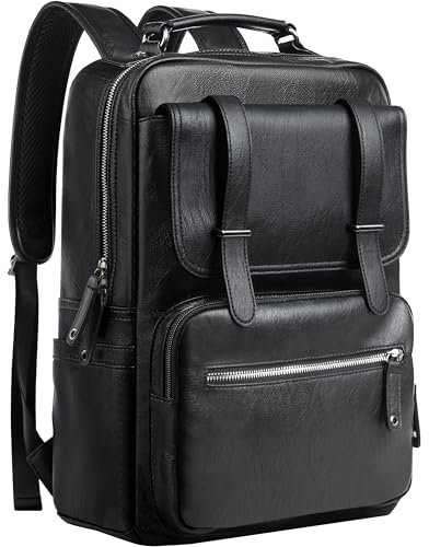 MATE ELAN Leder PU rucksack für Herren & Deman Vintage Wasserabweisend Uni Arbeit Reisen Tagesrucksack Schulrucksack mit Laptopfach 15.6 Zoll Schwarz