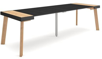 Skraut Home | Table Console Extensible | Console Meuble | 260 | pour 12 Personnes | Pieds en Bois | Style Moderne | Chêne et Noir