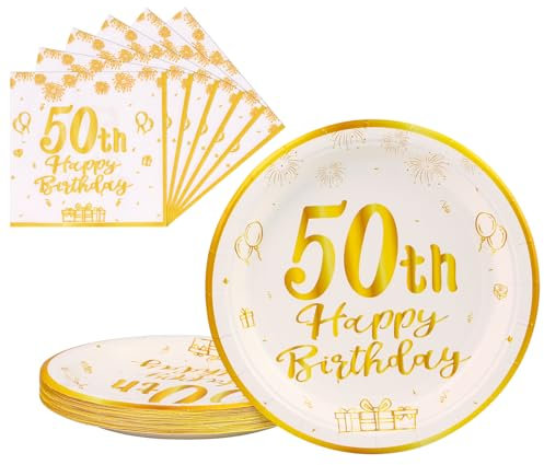 AHPYEUHK 50th Paper Party Plates and Napkins 50pcs 9 White Birthday Dessert Tableware Happy Birthday Decorations Party Supplies