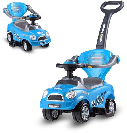 RELAX4LIFE Coche de paseo 3 en 1 para niños, coche de empuje con guardrail desmontable, portaobjetos y asa para bocina, primeros pasos para niños de 2 a 6 años (azul)