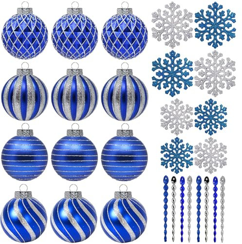 SLEETLY 28pk Blue Silver Christmas Baubles for Tree Decorations - Holiday Xmas Shatterproof Plastic Ball Ornaments, Icicles and Snowflakes Set