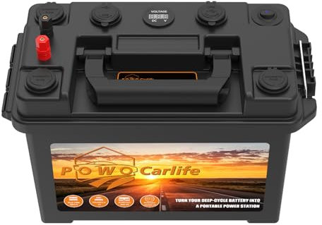 POWO Carlife Battery Box for 30Ah/20Ah/10Ah Battery, Waterproof Battery Box with Anderson Plug and Dual QC3.0, 12V Marine Case 30Amp Connectors for Lifepo4, RV, Camping, Boat, Trailers, Hunting