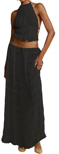 Miolasay Zweiteiliger Maxirock für Damen, Schnürung, ärmelloses Tanktop und fließender langer Rock, Set Y2K, Sommer-Strandmode, A-schwarz, 36