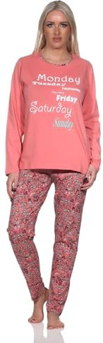 Normann Damen Schlafanzug lang mit Rundhals lässigem Print und floralem Allover-Muster, Farbe:apricot, Größe:36-38