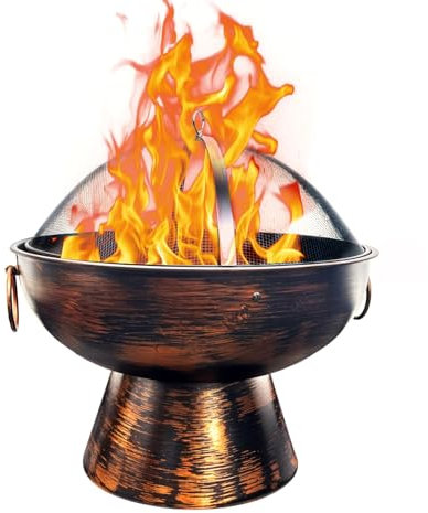GasOne Fogata redonda de 22 pulgadas para exteriores, hoguera de leña con tapa de malla y recogedor de fuego, hoguera de acero de aleación duradera para exteriores, pequeña hoguera para patio trasero,