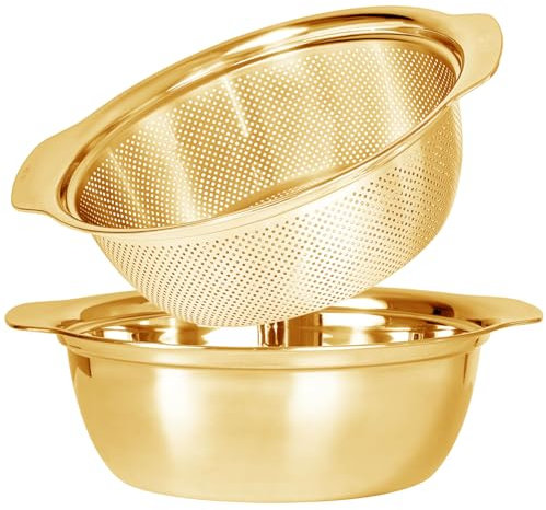304 Stainless Steel Microporous Colander with Handle, Rice Washers Microporous Strainer Set For washing vegetables, fruits and rice, and draining cooked pasta(3.5QT with handle-Gold)
