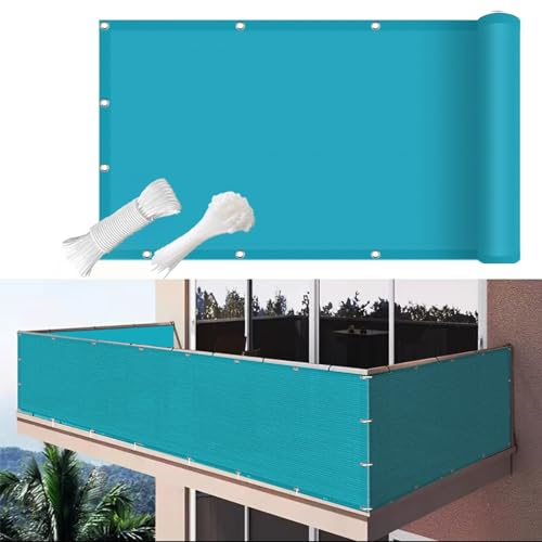 Balkon Sichtschutz Ohne Bohren 105 x 1000 cm Wetterbeständig Staubschutz Balkonfächer Balkon Sichtschutz mit Ösen für Balkon Garten, Blau