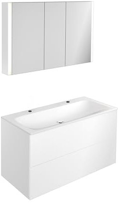 Keuco Badmöbelset Orchidee mit Keramik-Waschtisch, Unterschrank und LED Spiegelschrank, dimmbar, 2 Türen, Badezimmer-Möbelset, Waschbecken und Unterbau Hochglanz-weiß (120 cm)