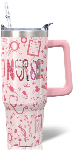 Mrazqev 30oz Nurse Gifts - Pinks Nurse Tumbler for Womens - with Handle with Lid and Straw - Nurse Appreciation Gift,Nurses Week Gift,Nurse Practitioner Gift for Womens