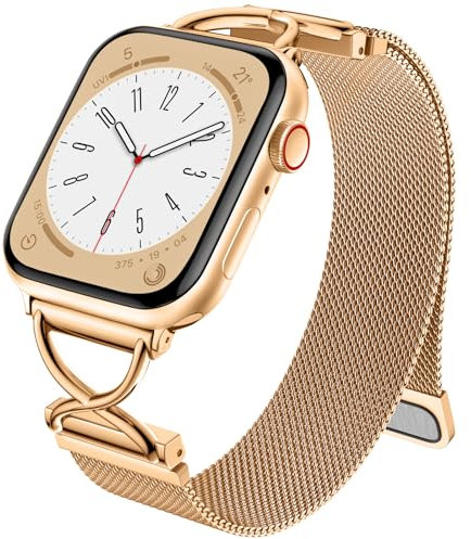 CeMiKa Metall Armband Kompatibel mit Apple Watch Armband 40mm 41mm 42mm 38mm, Dual Magnetisch Edelstahl Ersatzband für iWatch Series 10 9 8 7 6 5 4 3 2 1 SE SE2, Damen Herren, Roségold