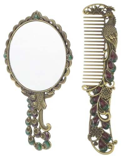 GRIRIW Handspiegel Metall Vintage Mit Griff Und Kamm Kompakter Tragbarer Schminkspiegel Zierlich Leicht Für Reisen Und Outdoor