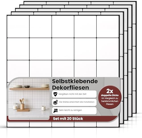 AMARA DECO – 20 Piastrelle Adesive Cucina e Bagno 30x30cm. Mattonelle Adesive da Parete con Effetto Piastrelle 3D, Impermeabili, Resistenti al Calore e Facili da Pulire (Quadrati) (20, Bianco e Nero)