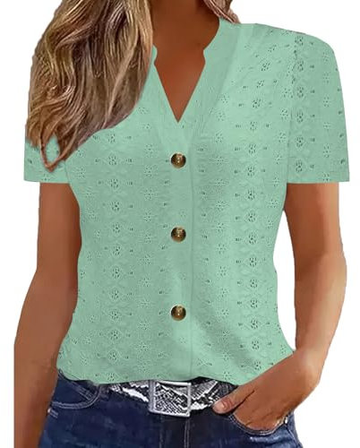 Womens Summer Tops Babydoll Short Sleeve Shirts Button V Neck T Shirts Hollow Out Eyelet Tunic Blouses Dressy Casual Blouses Trendy Loose Fit Tees Shirt Going Out Tops
