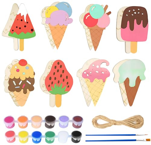 DONCOO Holz Bastelsets für Kinder,16PCS Basteln kinder Eiscreme,Bastelset | Holz Bastelset mit Aquarellpinseln,Bastelsets Kindergeburtstag,Basteln zum Bemalen für DIY kinder Malen,Kind Geschenk Party