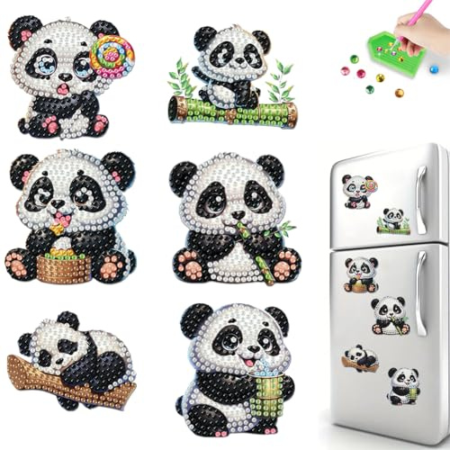 Diamond Painting Kühlschrankmagnete, 6 Stück Diamant Malerei Kühlschrankmagnet Aufkleber, DIY Diamond Painting Magnete Aufkleber für Kühlschrank Whiteboards, Pinnwand, Geschenk-Panda