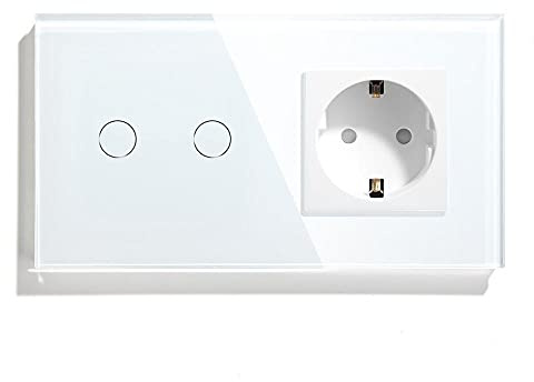 Fymlok Touch Light Switch,Wall Touch Switch Touch Dimmer Switch 2 Gang With Standard Wall Switch Socket 3 Colors Glass Panel 157mm Touch Dimmer(White)