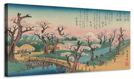 Generico Utagawa Hiroshige – Paesaggio con ciliegi in fiore e ponte di primavera – quadro stampa su tela con telaio in legno - 100x50 cm