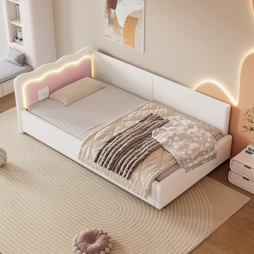 OKMYHOME Ausziehbares Schlafsofa, 90 x 200 cm, mit LED, Ambiente, ohne Matratze, Kunstleder und MDF, Weiß