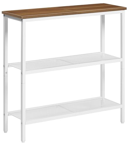 HOOBRO Schmaler Konsolentisch, Beistelltisch mit 2 Ablagen, Sofatisch, Flur, Eingang, Wohnzimmer, Schlafzimmer und Büro, Weiß und Walnuss EWH73XG01