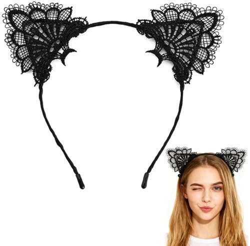 Serre-tête à Dentelle Noire avec Oreilles de Chat,Accessoire Cosplay Charmant pour Femmes et Jeunes Filles,Idéal pour Fêtes, Carnaval, Anniversaire