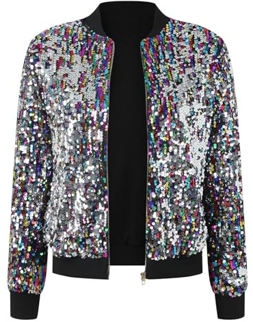 Damen Pailletten Jacke Damen Glitzer Jacke Glänzende Outfit Cardigan Reißverschluss Langarm Bomberjacke Party Club Offen Glitzer Cardigan Reißverschluss Fliegenjacke für den Alltag (Gold, XXL)
