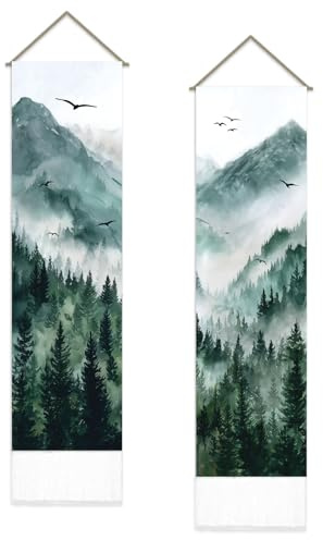 SUPERDANT 2pcs Misty Forest Tapestry Green Polyester Vertical Wall Tapestry Wall Hanging Fade-Proof Lightweight Tapestries for Entryway Hall Bedroom Living Room Apartment Decor 130x33cm
