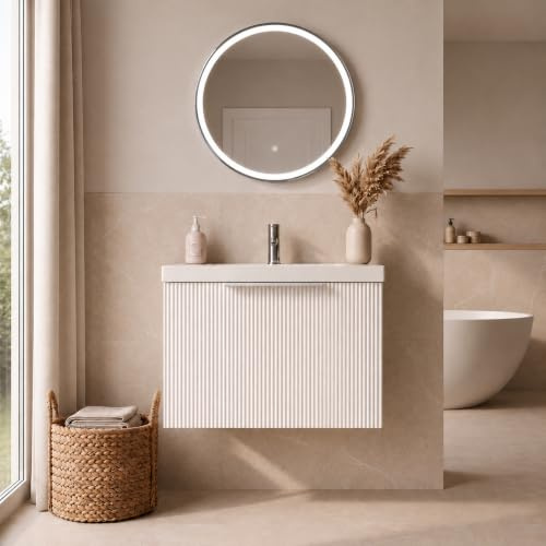 BAYSTONE Fluted 600mm Bathroom Vanity Unit White Ceramic Basin Sink, Cloakroom Storage Furniture Cabinet Wall Hung Cupboard Soft Close, Chrome Handle, Matt White