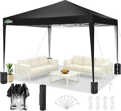 COBIZI Faltpavillon 3x3 Wasserdicht Stabil Winterfest, Outdoor Faltbarer Zelt Pavillon, Faltzelt Pop up Pavillion, UPF 50+ UV-Schutz Festzelt mit Tragetasche für Garten Party, Schwarz
