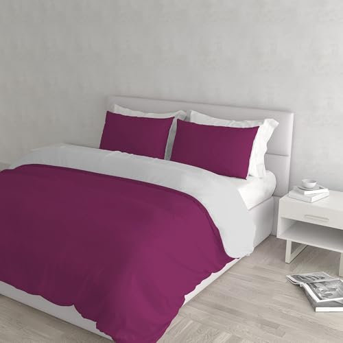 Set Copripiumino 100% Cotone Natural Color, Made in Italy - Parure Copri Piumino - Sacco Piumone 250x200 cm con Doppia Patella e Federe Cuscino, Matrimoniale, Fucsia/Grigio Chiaro