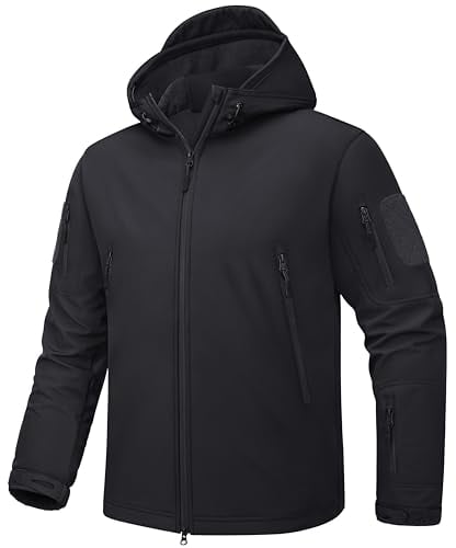 TACVASEN Winter Jacket Men Waterproof Warm Black Military Jacket Hooded Softshell Fleece Jacket with hood Airsoft Hiking Outdoor, UK S (Tag M), Black