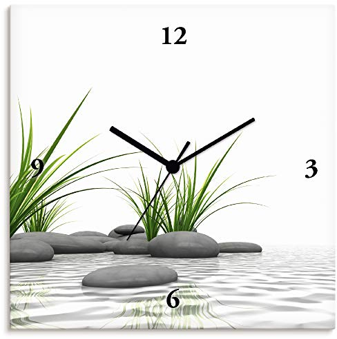 ARTLAND Wanduhr ohne Tickgeräusche Alu Funkuhr 30x30 cm Quadratisch Lautlos Natur Design Zen Spa Steine Asiatisch Modern T6CD