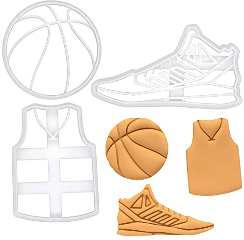 ensemble de 3 emporte-pièces sur le thème du basket-ball (motifs: basket-ball, maillot et chaussure), 3 pièces