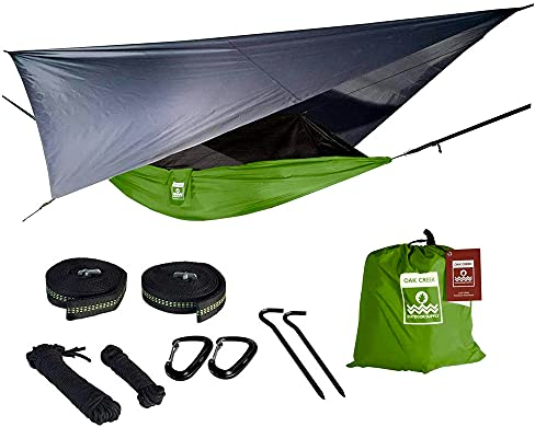 Oak Creek Camping Hängematte und Zubehör Komplettpaket mit Moskitonetz, Regenfliege, Baumgurten Ideal zum Wandern, Rucksackreisen und Reisen Wiegt nur 1,8 kg Kiwi Grün und Grau