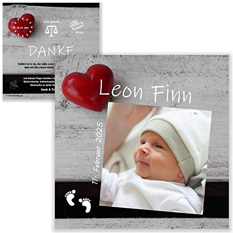 Unser-Festtag Baby mit Herz Geburtskarte Vintage Danksagung edel modern Dankeskarten zur Geburt für Baby, mit Foto, Ihr Text. - 80 Karten