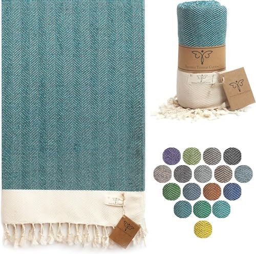 Smyrna Original türkische Überwurfdecke Fischgräten-Serie | 100% Baumwolle, 127 x 152 cm | Vintage Boho Überwurfdecken für Couch, Sofa, Bauernhaus und Heimdekoration | leicht und super weich (Benzin)