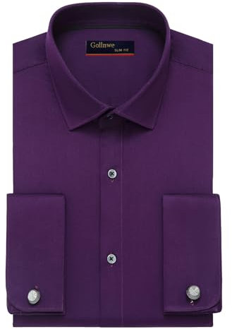 Gollnwe Camicia da uomo slim fit con polsino francese elasticizzato tinta unita, Viola scuro, M