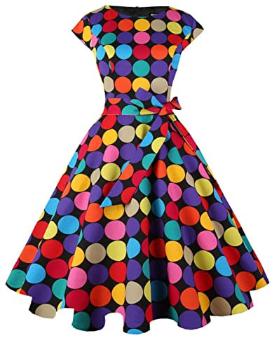 PUKAVT Women's 1950 Boatneck Cap Sleeve Vintage Swing Cocktail Party Dress with Pockets, Z-black Colorfuldot, S