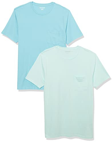 Amazon Essentials Men's T-Shirt Slim-Fit Short-Sleeved Crewneck Pocket, Pack of 2, Aqua Blue/Light Blue, M