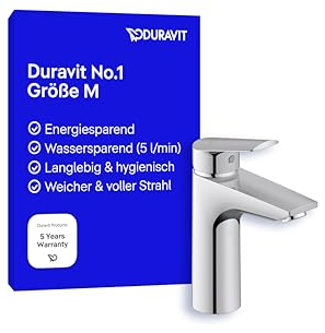 Duravit No.1 Waschtischarmatur, Größe M (Auslauf Höhe 117 mm), Wasserhahn Bad, Waschbecken Armatur mit energiesparender FreshStart-Funktion, Chrom
