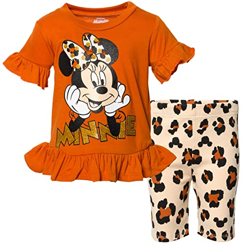 Disney Minnie Mouse Peplum Graphic T-Shirt Fahrrad-Shorts, Orange/Weiß, 6-6X