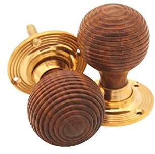 Infinity Decor Pure Ebony Wood & Rosewood Door Knobs/Wooden Victorian Mortice Rim Door Knobs/Solid Brass Rose Plate Polished Brass Finish (4 Designs) (Rosewood Beehive)