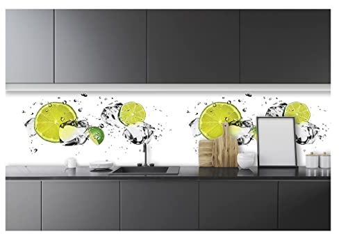 WallArena Fototapete Küche Abwaschbar Limetten Wasser - 250x60 cm Einteilig Premium Küchenrückwand - Inklusive Kleister Modern Küchentapete Fototapeten Vlies Tapete UV-Beständig Montagefertig