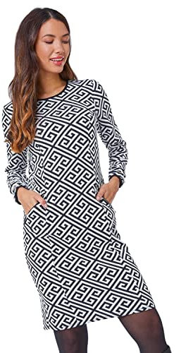 Roman Originals Spot Print Zip Pocket Jersey Dress for Women UK - Ladies Everyday Holiday Autumn Winter Round Neck 3/4 Sleeves Comfy Soft Evening Vacation Work Party Shift - Grey Navy - Size 20