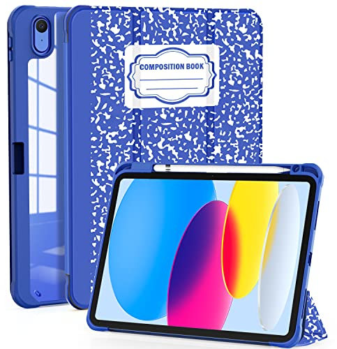 OKP for New iPad 10th Generation Case 2022, ipad 10.9 inch Case with Trifold Stand, Auto Wake/Sleep, ipad 10 gen Protective Cover with Slim Lightweight Clear PC Back Shell, Composition Book Blue